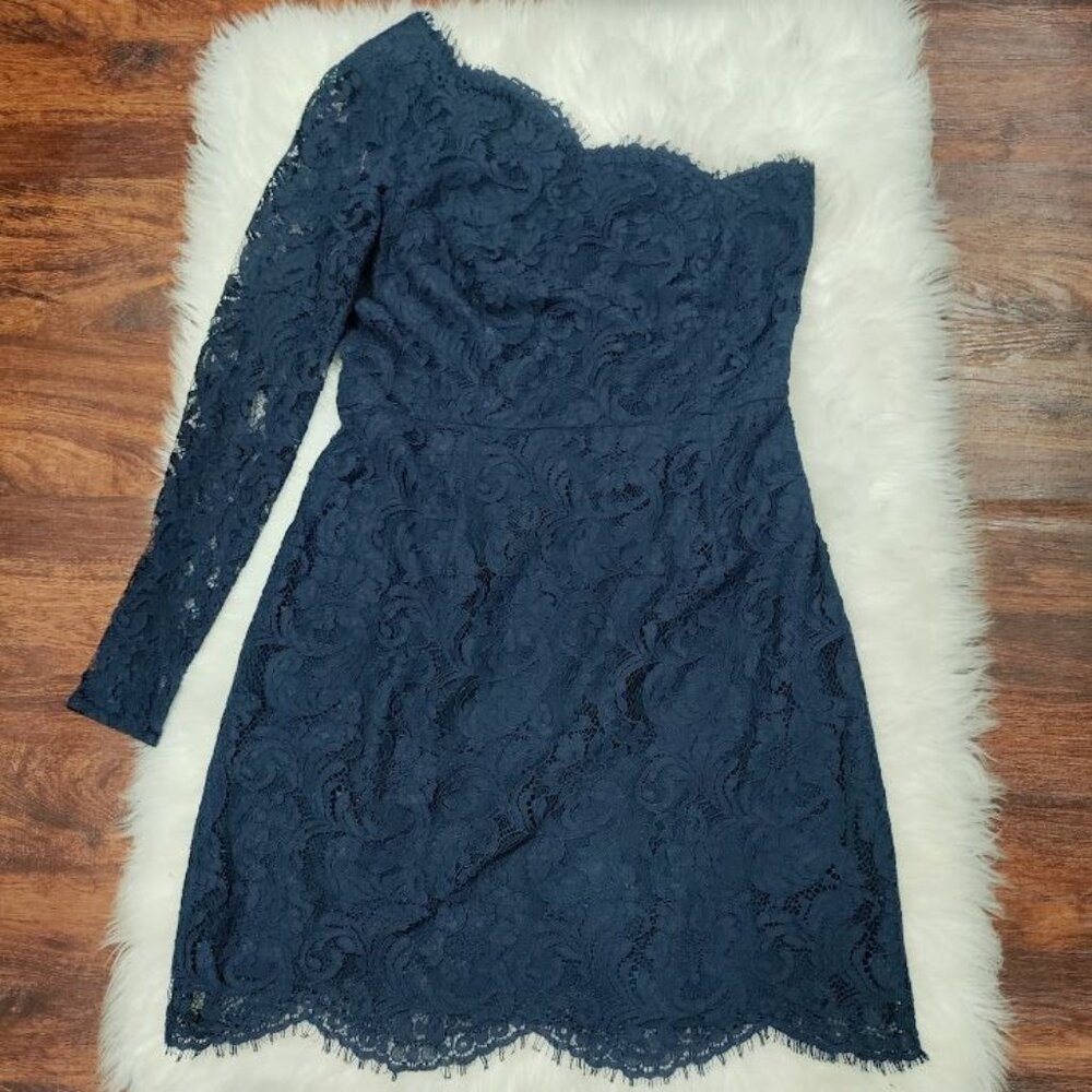Reiss Navy Blue Fully Lined One Shoulder Lace Sheath Mini Dress Size 10 - Picture 2 of 12